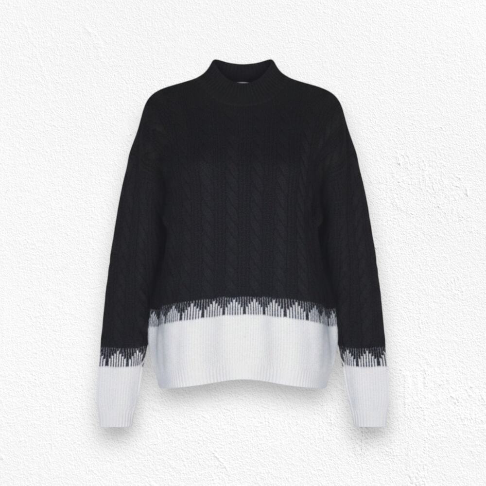 Liz Claiborne Black White Cable Knit Mock Neck Colorblock Sweater Size Large